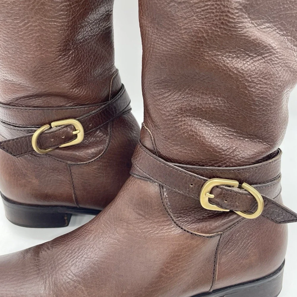 Talbots Womens 7AA Riding Boots Tall Brown Pebbled Leather Gold Buckle‎ Full Zip - Picture 11 of 16